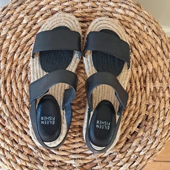 Eileen Fisher Womens Max Black Leather Washed Espadrille Flat Strap Sandals 7.5 - Picture 6 of 8